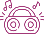 Boombox rétro rose diffusant de la musique. Des notes et ondes sonores stylisées émanent de l'appareil.