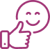 Icône violette : un visage souriant et un pouce levé. Symbole d'approbation, satisfaction client et expérience positive.